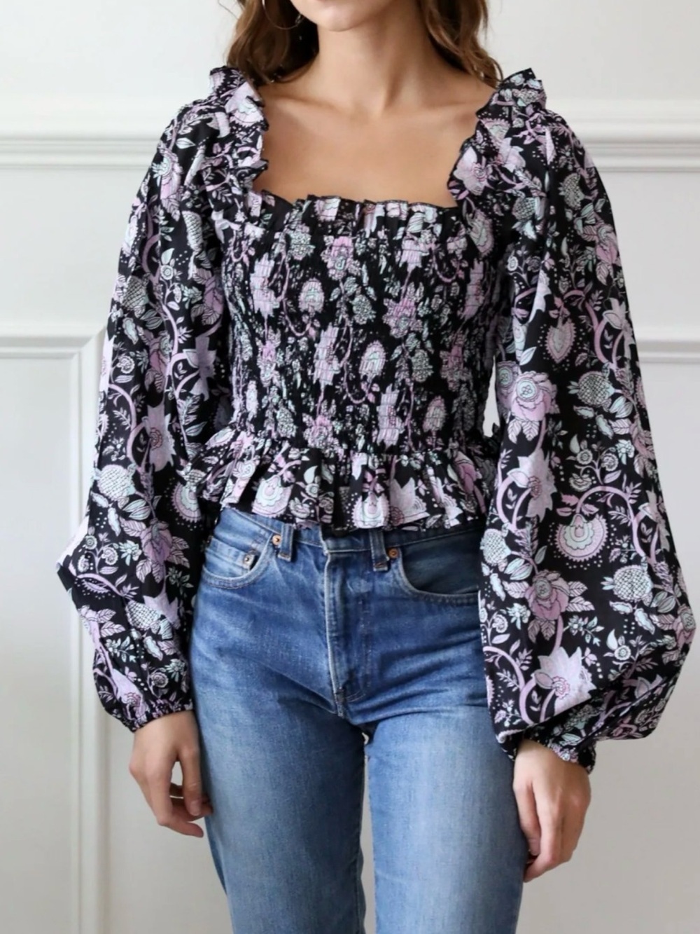 Mille Resort Circe Puff Sleeve Off Shoulder Tropical Night Smocked Top Small NWT